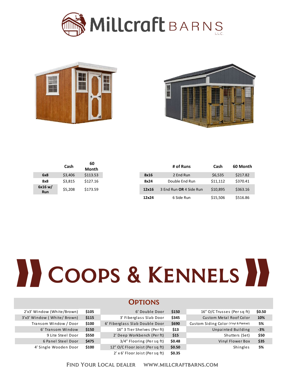 Millcraft August 2026 Chicken Coops price sheet