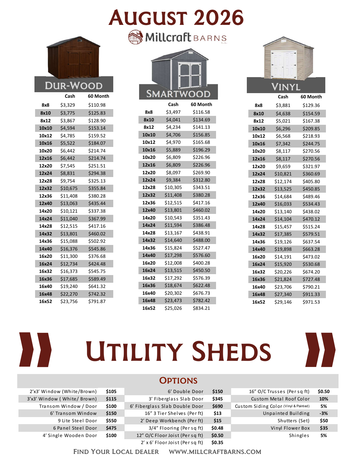 Millcraft August 2026 Utility Sheds price sheet
