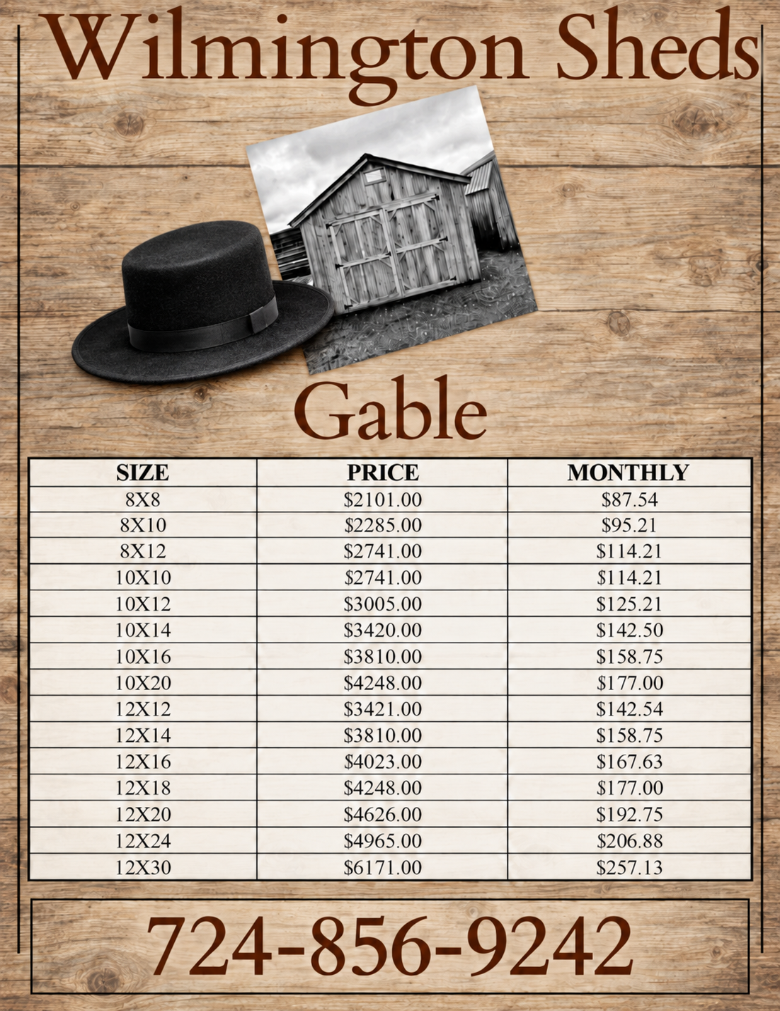 Wilmington Gable price sheet