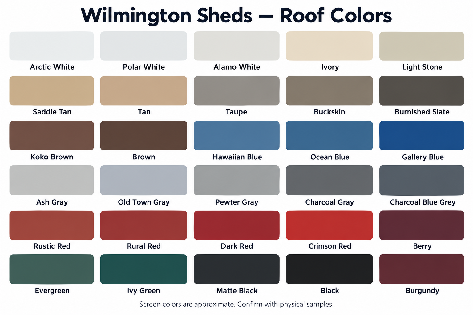 Wilmington roof color chart with 30 named metal roof color samples
